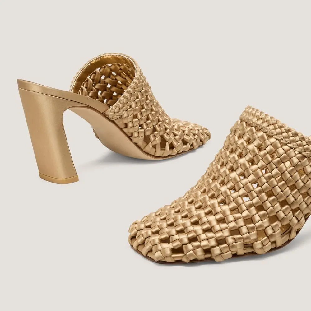 Gold Satin Woven Square Toe Slip On Block Heel Mules Shoes