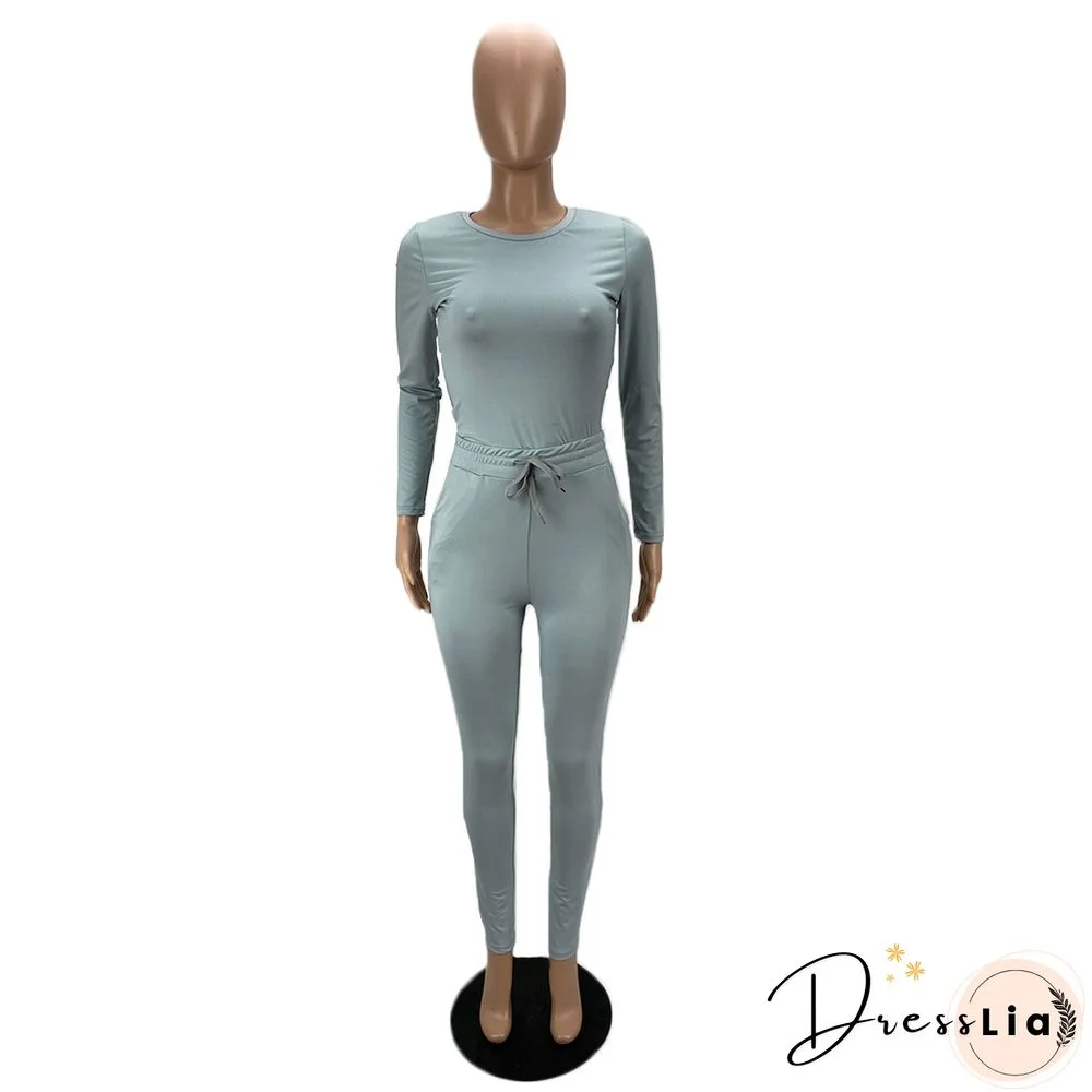 Solid Long Sleeve T Shirt Lace Up Pants Set