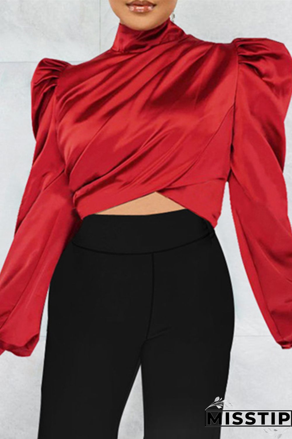 Red Casual Solid Patchwork Turtleneck Tops