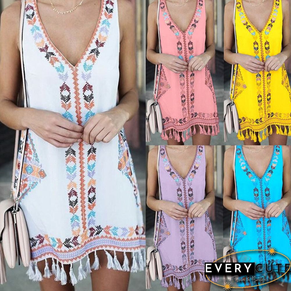 Summer Loose A-line Version Hem Fringed Ethnic Style Print Dress Women Boho Sleeveless