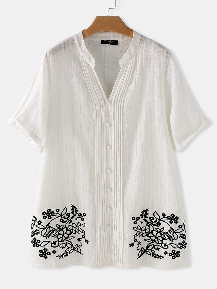 Embroidery Striped V neck Short Sleeve Button Pleated Blouse P1646627