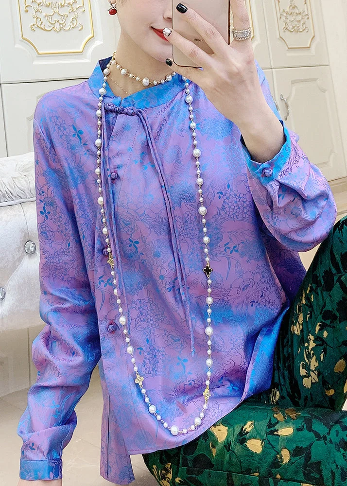 Vintage Purple Mandarin Collar Print Button Silk Shirt Top
