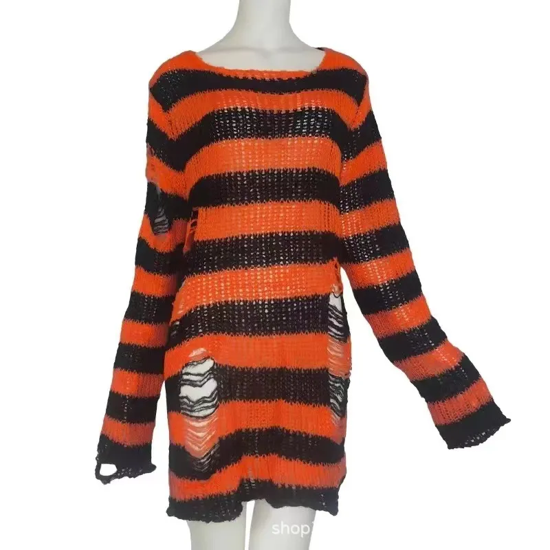 Churchf Churchf Hole Hollow Out In The Long Sweater Female Stripe Loose Color Dark Versatile Knit Niche Punk