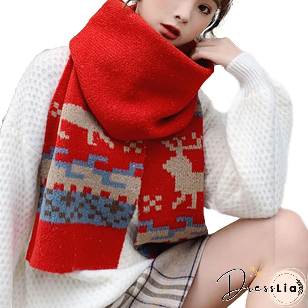 Scarf Christmas Deer Print Thick Shawl Women Warm Scarves Knitted Scarves Neckerchief Tippet For Women Ladies Party Accessories