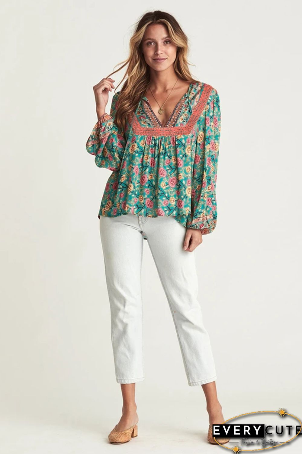 Green V Cut Neck Floral Lantern Sleeve Blouse