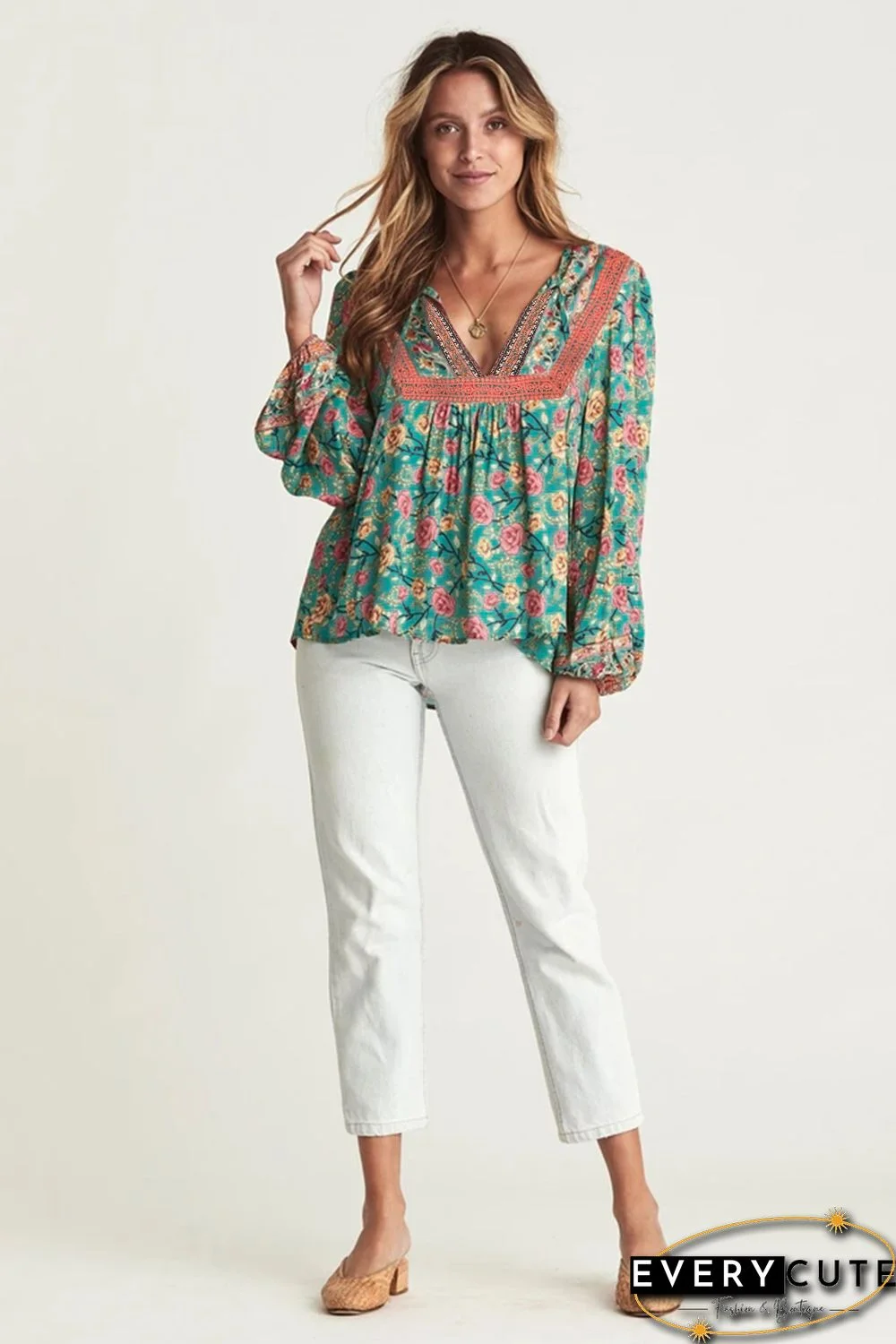 Green V Cut Neck Floral Lantern Sleeve Blouse