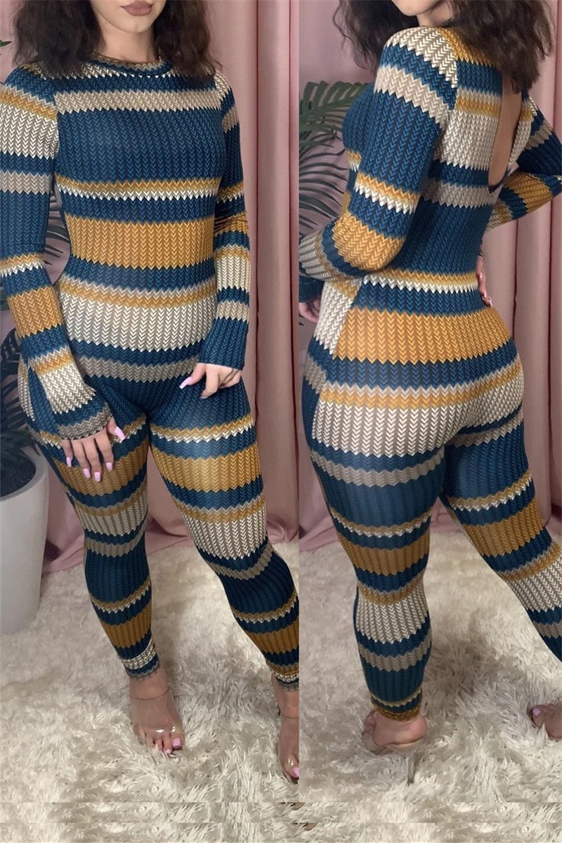 Stripe Print Long Sleeve Skinny Jumpsuit