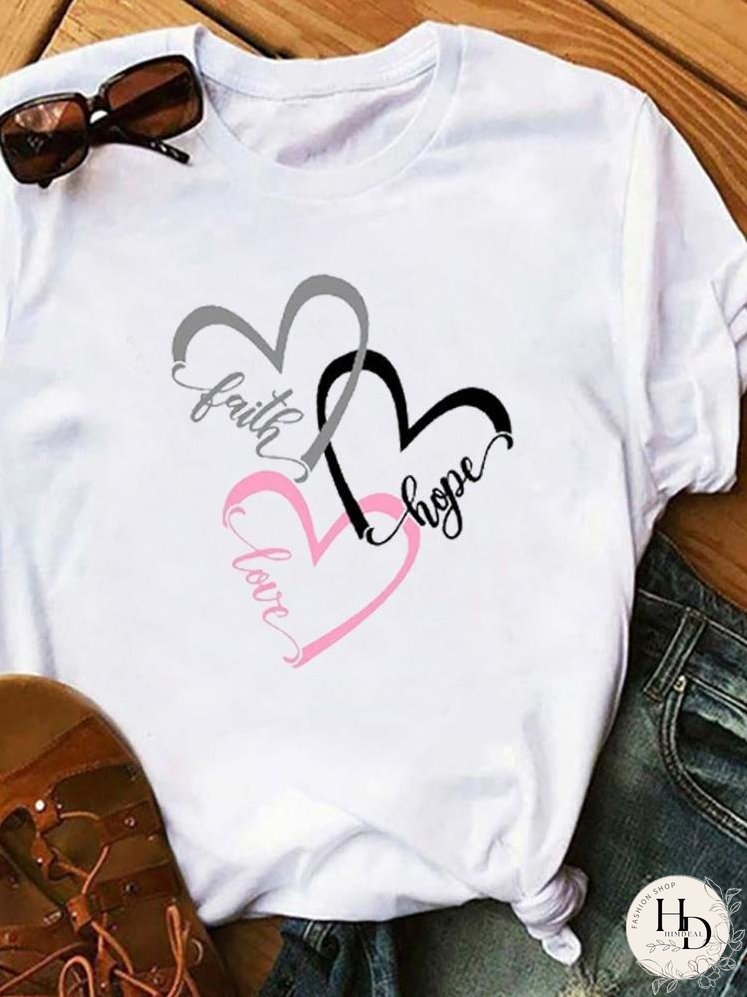 Cute Heart Print Summer White T-Shirt for Women