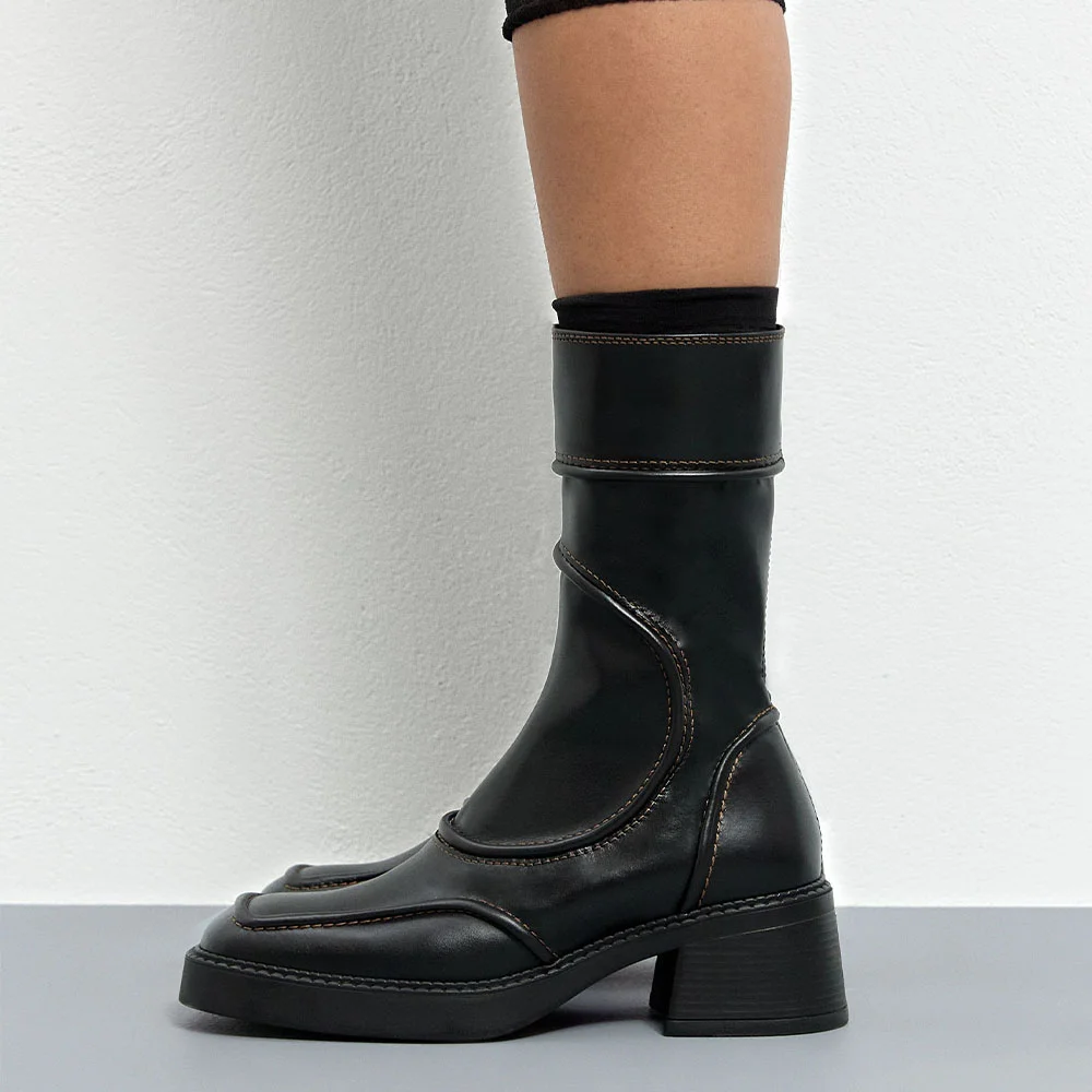 Black Vegan Leather Square Toe Mid Calf Boots with Chunky Heel