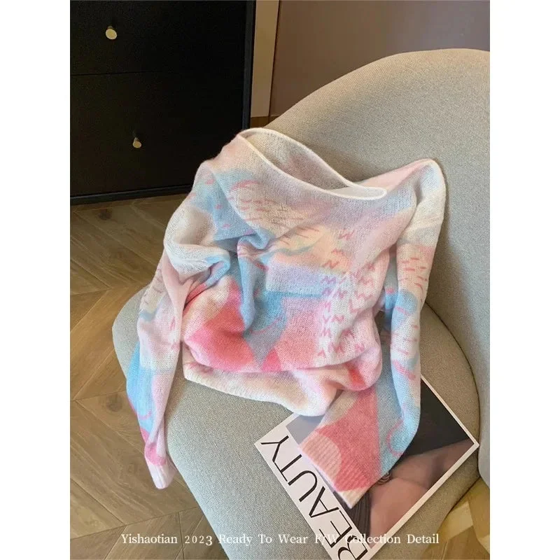 Nncharge Winter Hotsweet Y2K Knitting Long Sleeve Casual Tie Dye Pullovers Korean Fashion Women Round Neck Ladies Warm Sweater