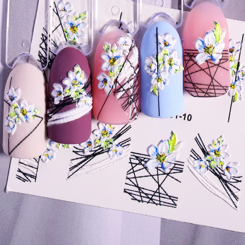 1PC 5D Flower Geometric Lins Nail Stickers Acrylic Engraved Embossed 3D Transfer Decals Decoration Accessories DIY Design