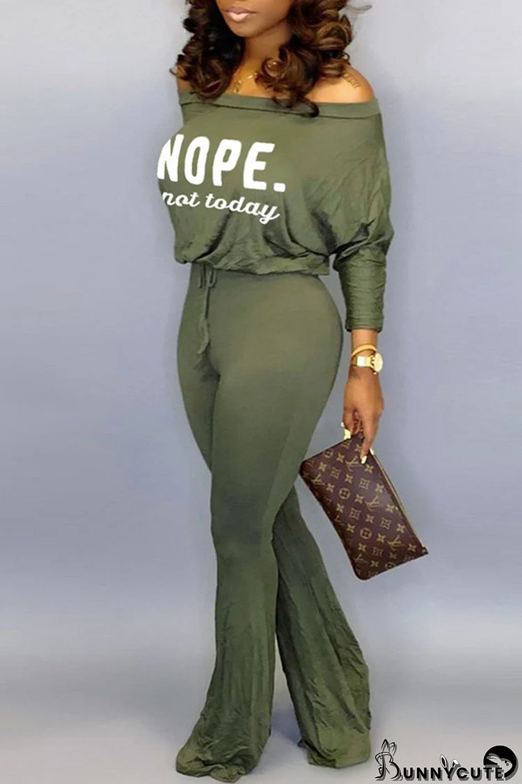 Army Green Fashion Casual Letter Print Basic O Neck Regular Jumpsuits