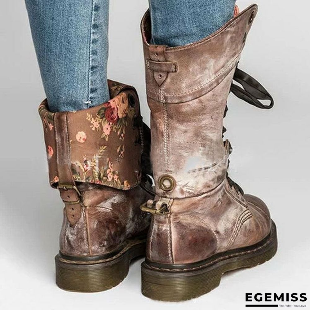Leather buckle mid tube boots autumn winter Martin boots European and American retro buffing Lace Up Boots | EGEMISS