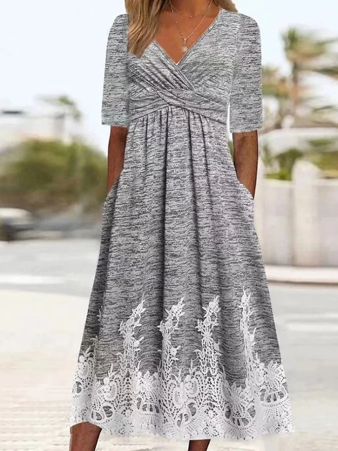 Women's Casual Printed Short Sleeve V-Neck High Waist Dress