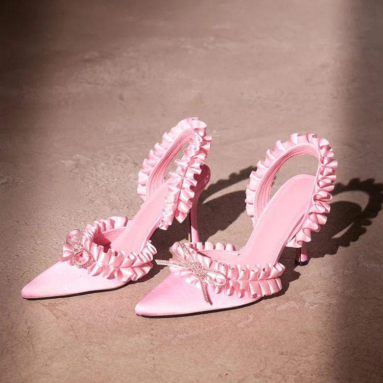 Pink Satin Pointed Toe Slingback Pumps Ruffle Bow Bridal Shoes |FSJ Shoes