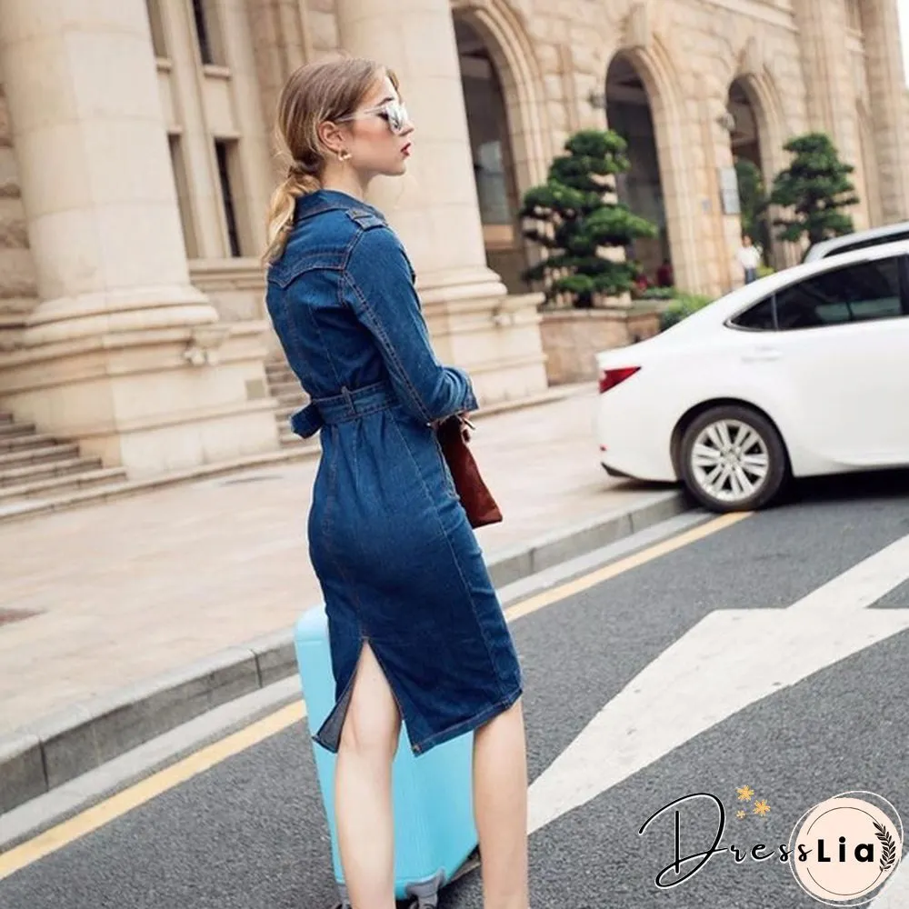 Women Denim Dress Winter Office Slim Big Size Jeans Mid-Cuff Dress Cowboy Dress With Belt For Women Jeans Dress Plus Size