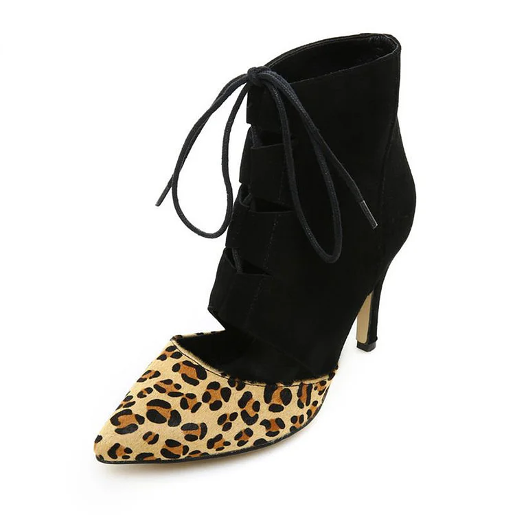 Black Leopard Print Booties Pointy Toe Stiletto Heel Lace Up Boots |FSJ Shoes