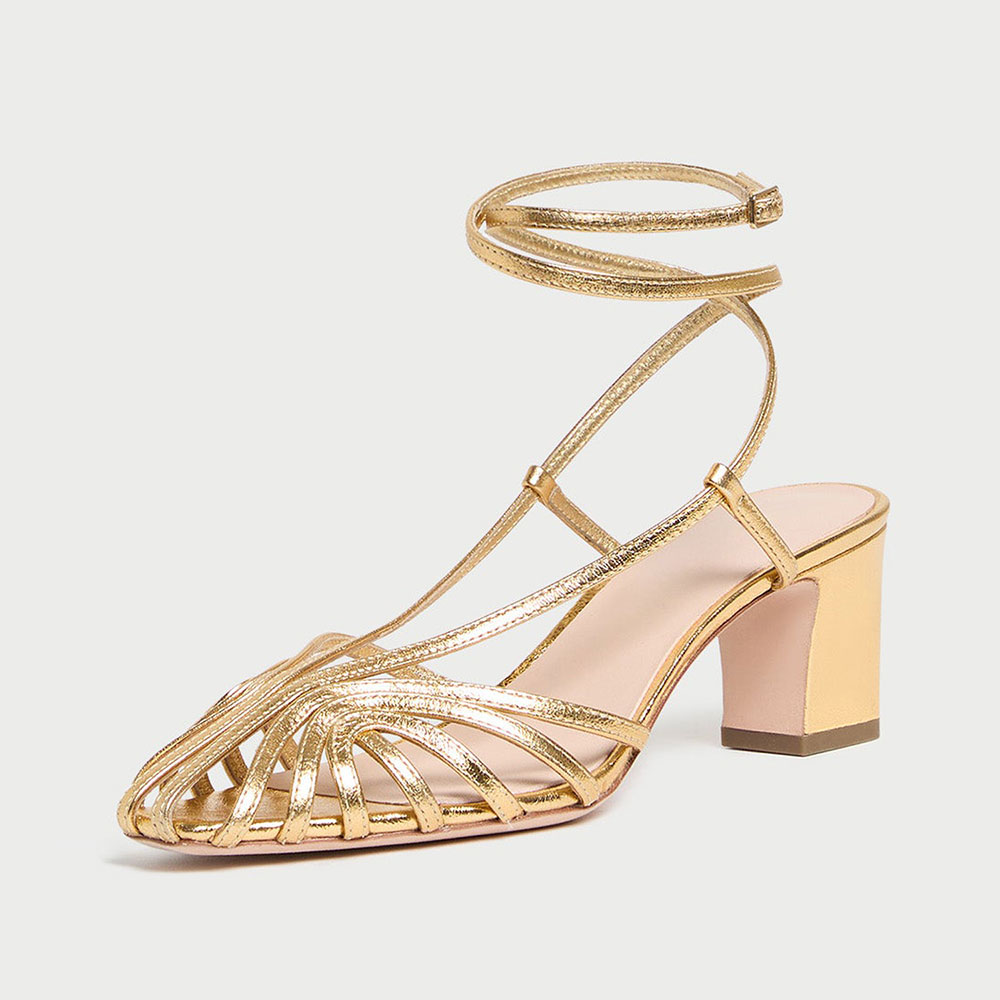 Gold Vegan Leather Square-Toe Strappy Summer Sandals with Block Heels Nicepairs