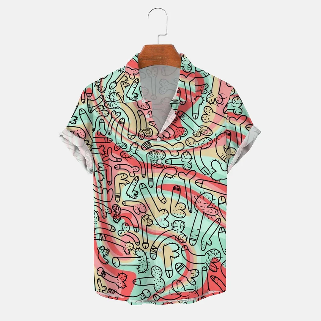 PeachBruh Men's Vintage Flowing Cocks Print Casual Short Sleeve Shirt