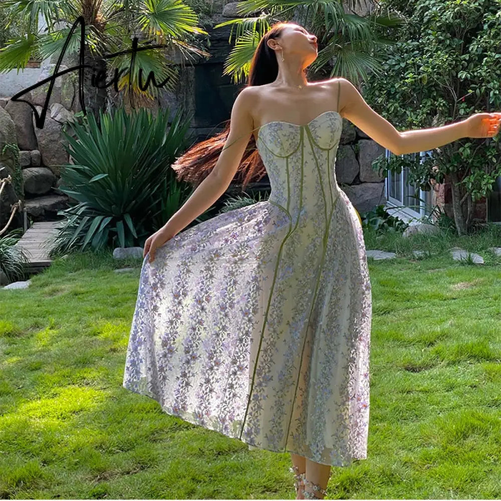 Lace Floral Sling Dress Women's Summer Spaghetti Strap Dress French Fairy Elegant Long Wrapped Chest Party Dresses Robe Aiertu