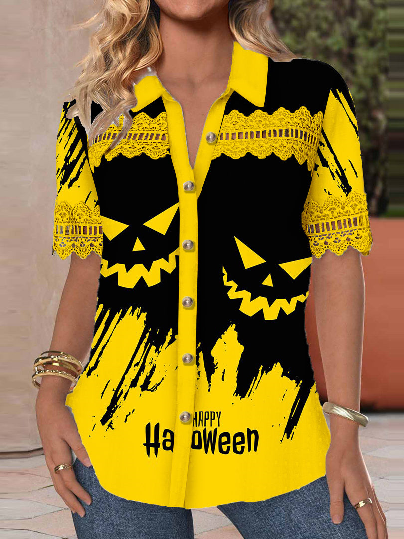 Women Short Sleeve V-neck Skull Printed Graphic Lace Hollow Stitching Button Tops