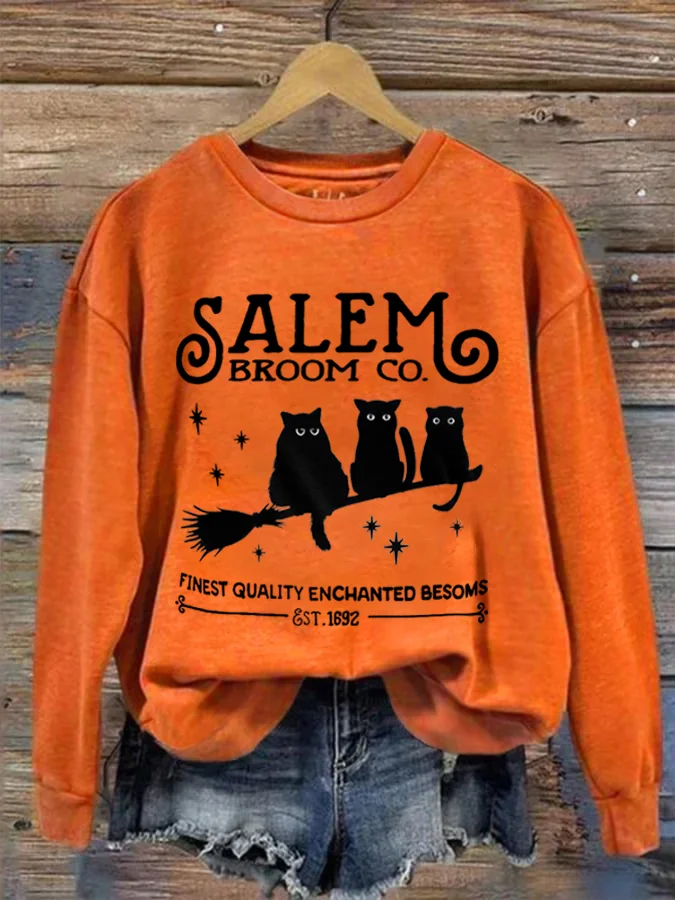 Best Quality Magic Broom Est.1692 Halloween Black Cat Print Sweatshirt