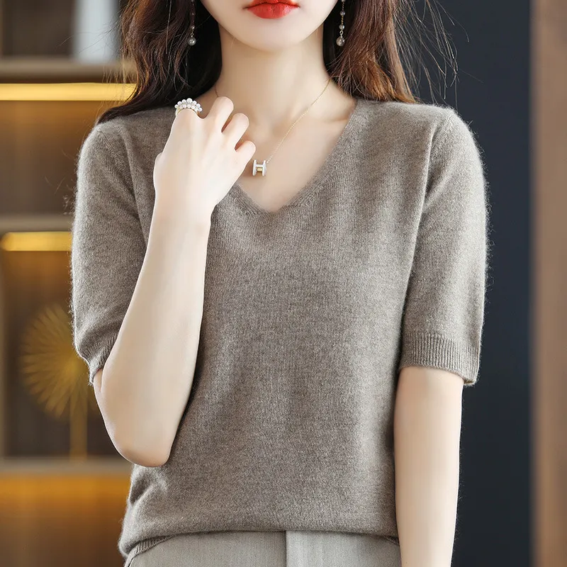 Churchf Churchf 2024 New Short-Sleeved Sweater Women's T-Shirt Solid Color V-Neck Short-Sleeved Bottom Shirt Top Thin Style A Hair