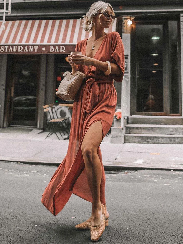 Boho Dress V-Neck Half Sleeves Oversized Sash Beach Dress