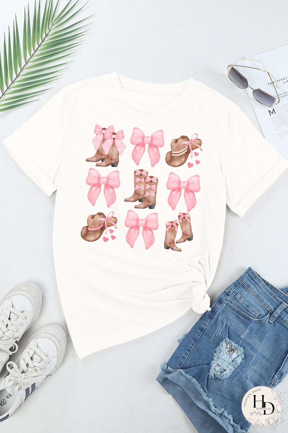 White Western Hat Boots Bow Knot Casual Graphic T Shirt