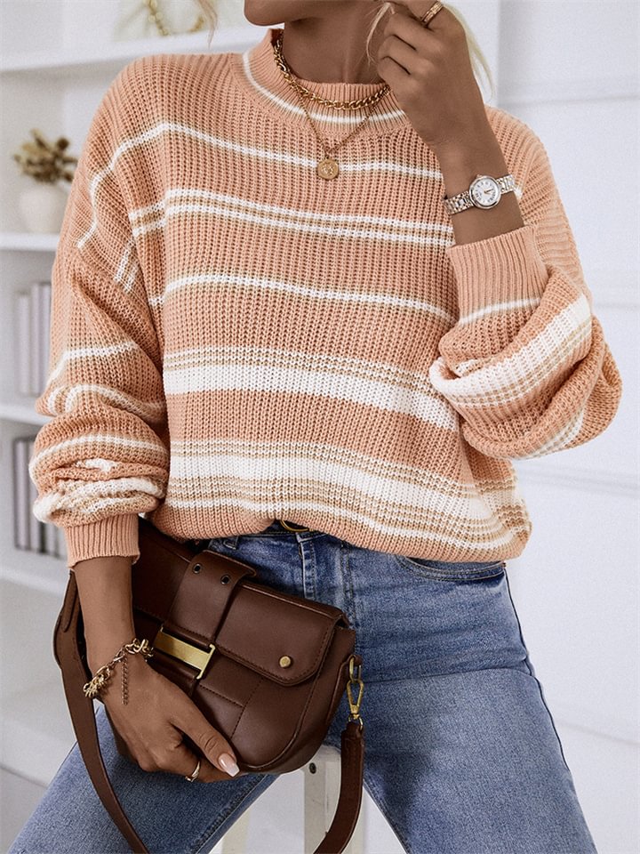 Loose Casual Round Neck Long Sleeve Striped Sweater -vasmok