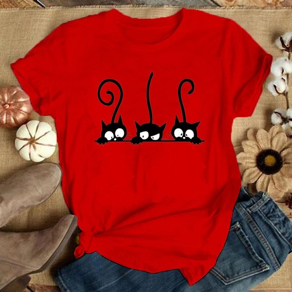 Women Fashion Short Sleeve Tee Shirt Lady Casual Loose Round Neck T-shirt Top Plus Size Three Black Cat Print T Shirt S-3XL - Shop Trendy Women's Clothing | LoverChic