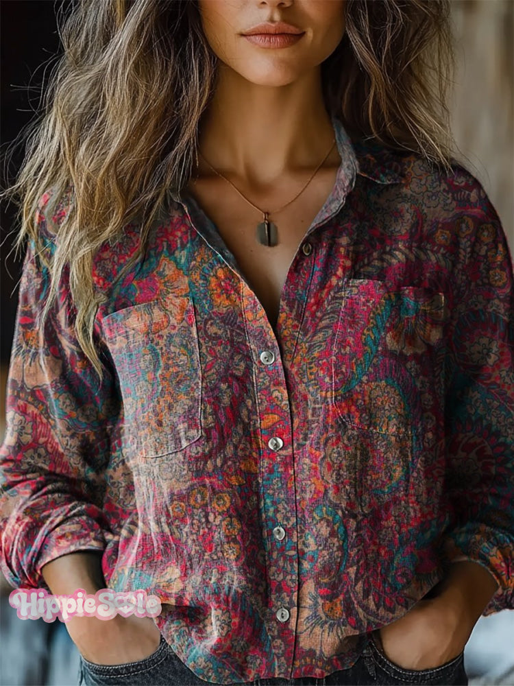 Women’s Retro Floral Print Casual Long Sleeve Comfortable Cotton Shirt Multicolor / S