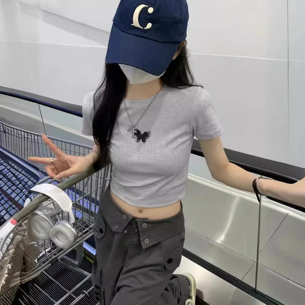 Uveng Uveng Girl Butterfly Print Short-Sleeved T-Shirt Female 2024 Summer Slim Slim Short Crop Student Top Tide