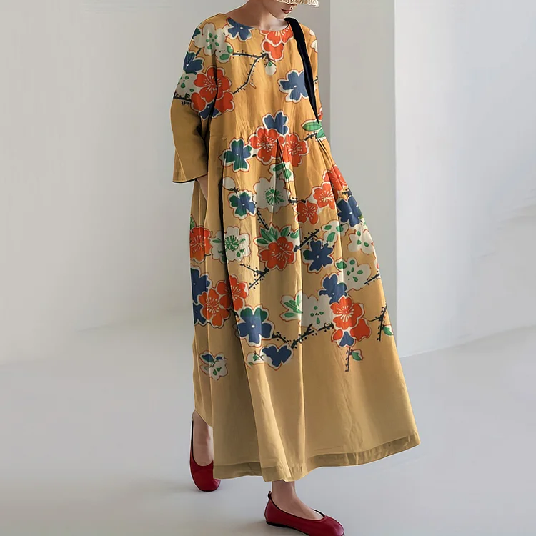 Vintage Blossom Art Printed Round Neck Casual Midi Dress