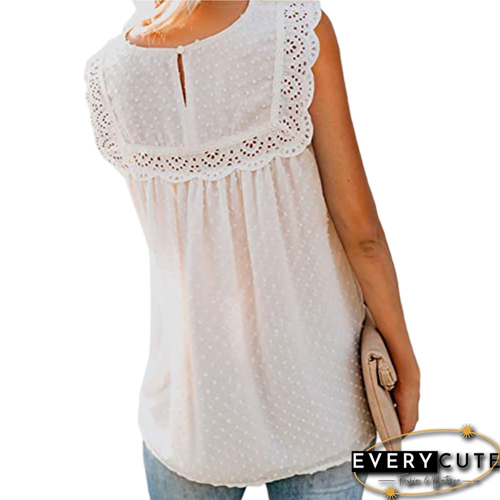 White Swiss Dot Splice Lace Crochet Tank Tops