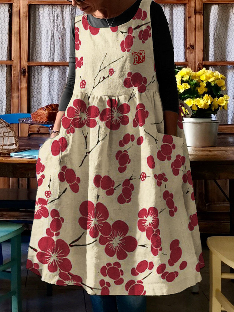 Cherry Blossom Japanese Lino Art Pinafore Midi Dress wearshes