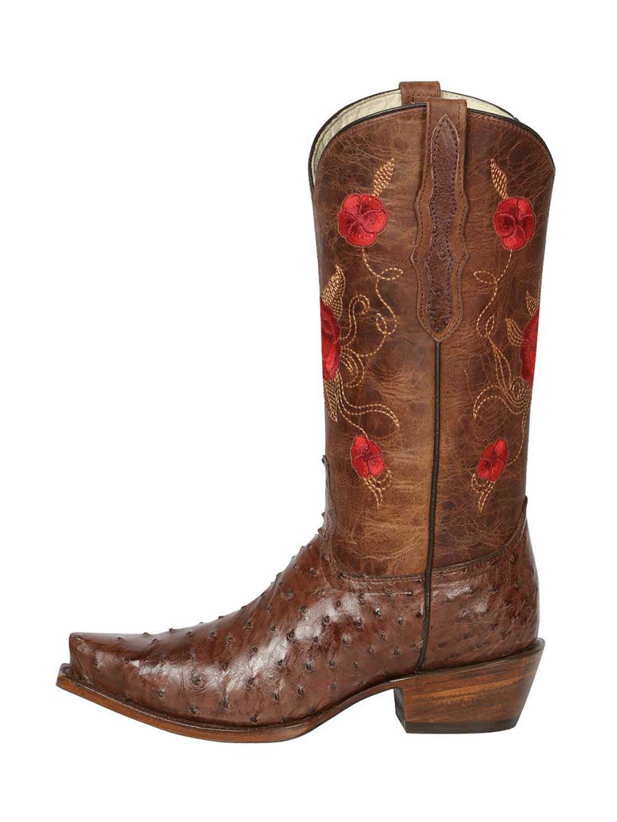Brown Ostrich Embossed Snip Toe Floral Embroidered Cowgirl Boots