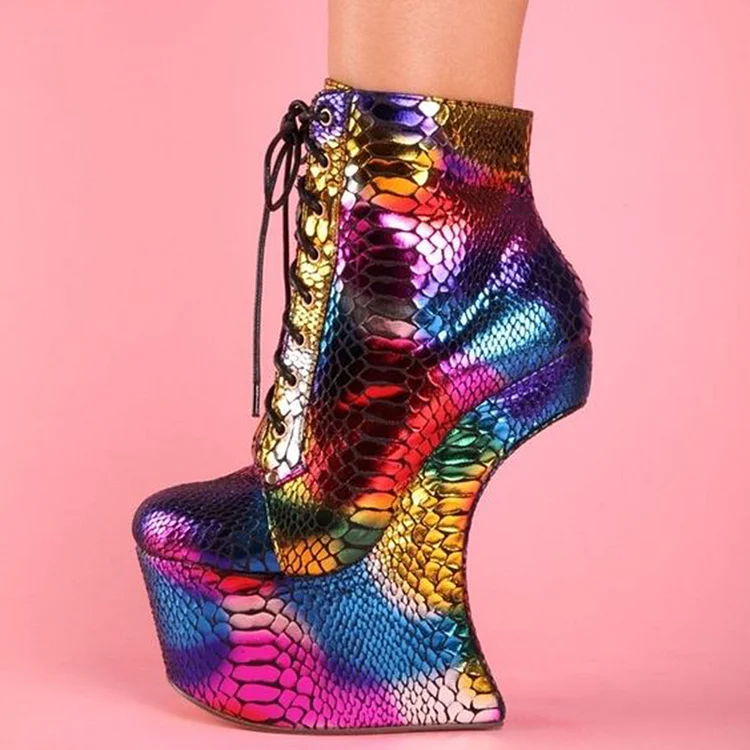 Multicolor Snake Embossed Lace Up Wedge Platform Ankle Boots |FSJ Shoes