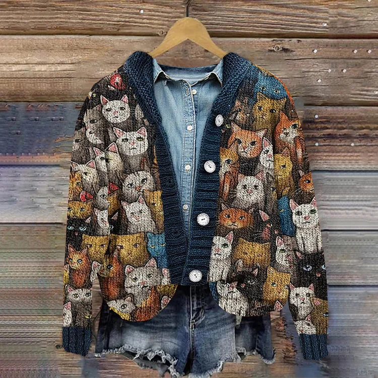 VChics Vintage Cat Print Button Hooded Knitted Cardigan