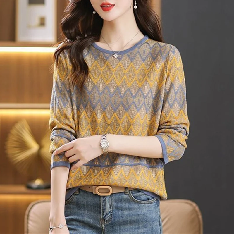 Toloer Toloer Early Autumn New Middle-Aged Mother Jacket Female Long Sleeve Loose Hollow Out Stripe Sweater Thin Bottom Sweater-Outfit Ideas