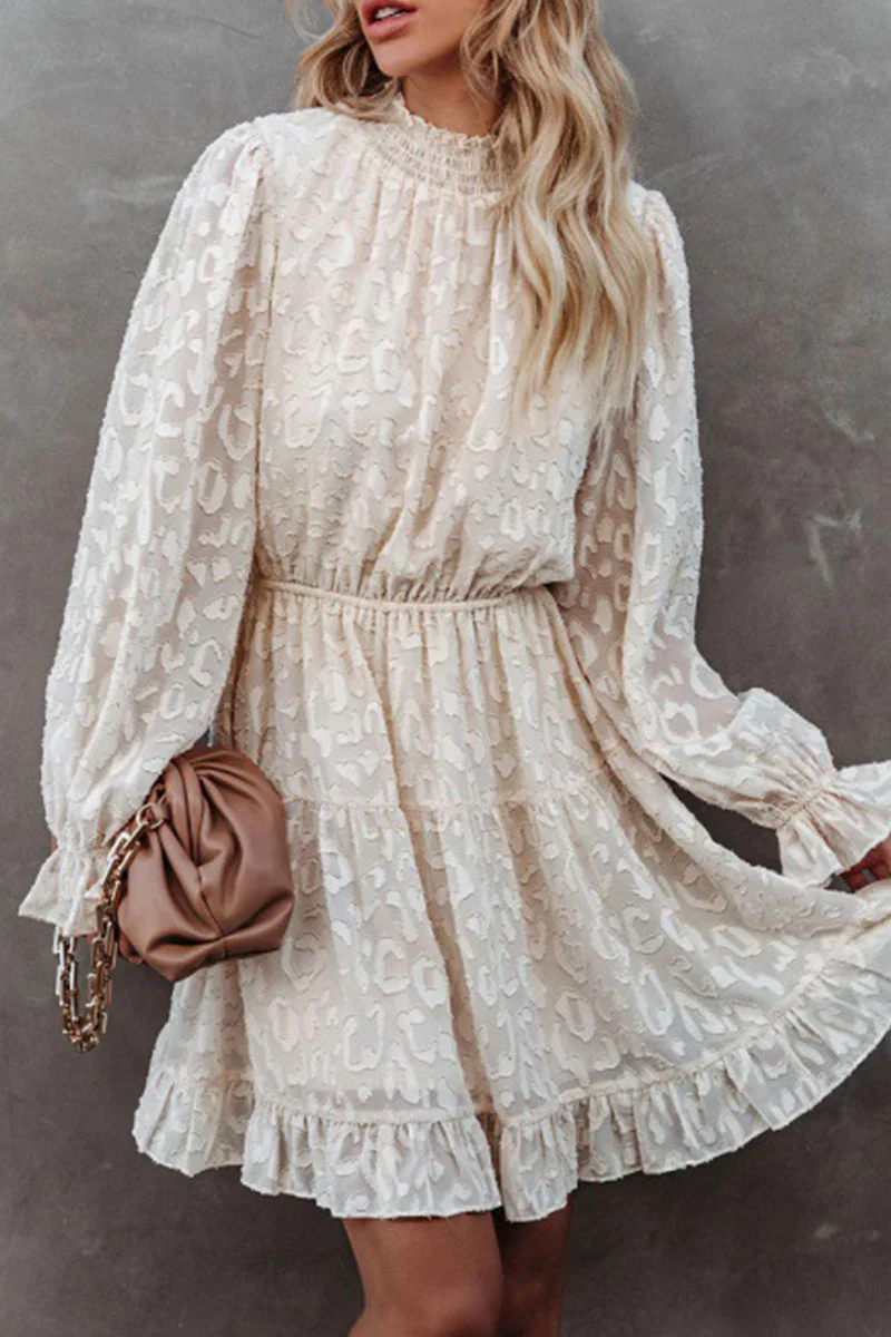 Sweet Elegant Print Patchwork Flounce Half A Turtleneck Long Sleeve Dresses