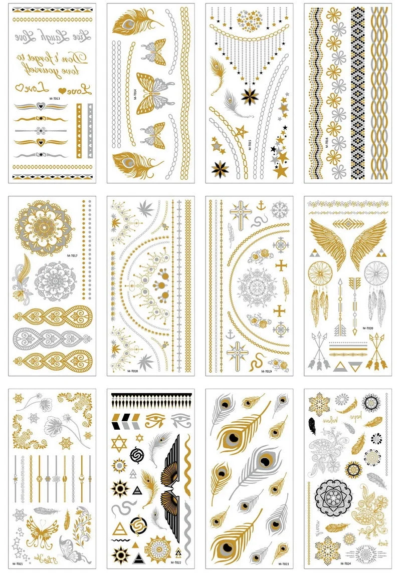 1sheet Indian Arabic body art women metallic temporary Mandala Flash Tattoos necklace sticker gold lace tatoo tatuagem maquiagem