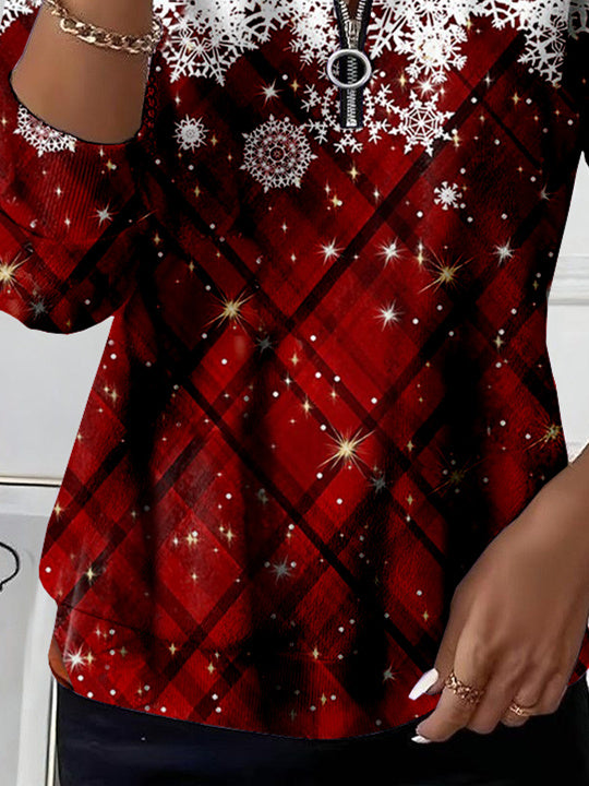 Women Long Sleeve Scoop Neck Snowflake Printed Graphic Zipper Tops