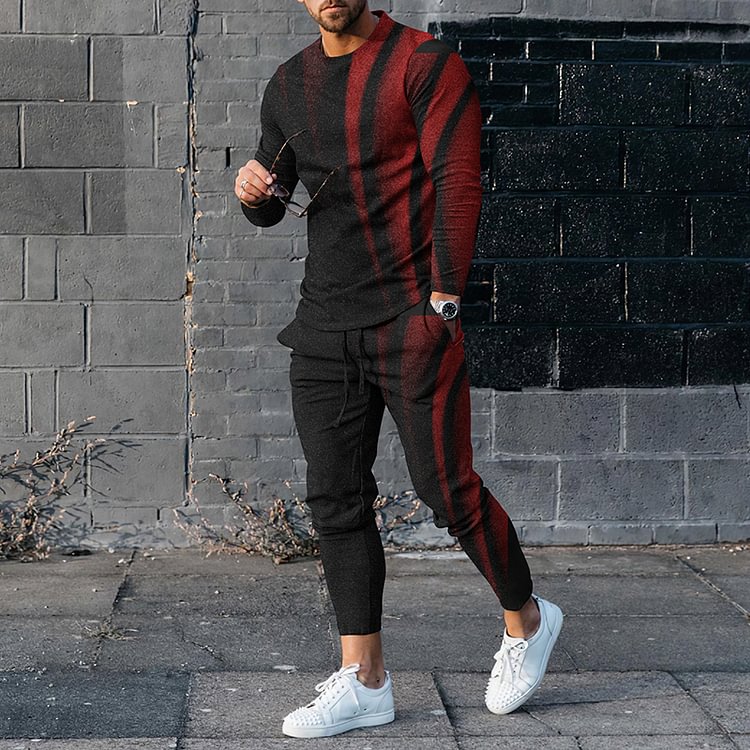 Men's Personalized Gradient Color Casual Long Sleeve T-Shirt And Pants Two Piece Set