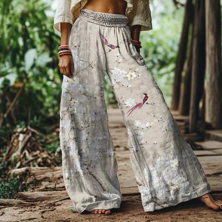 Vintage Floral and Bird Art Print Loose Wide-leg Pants