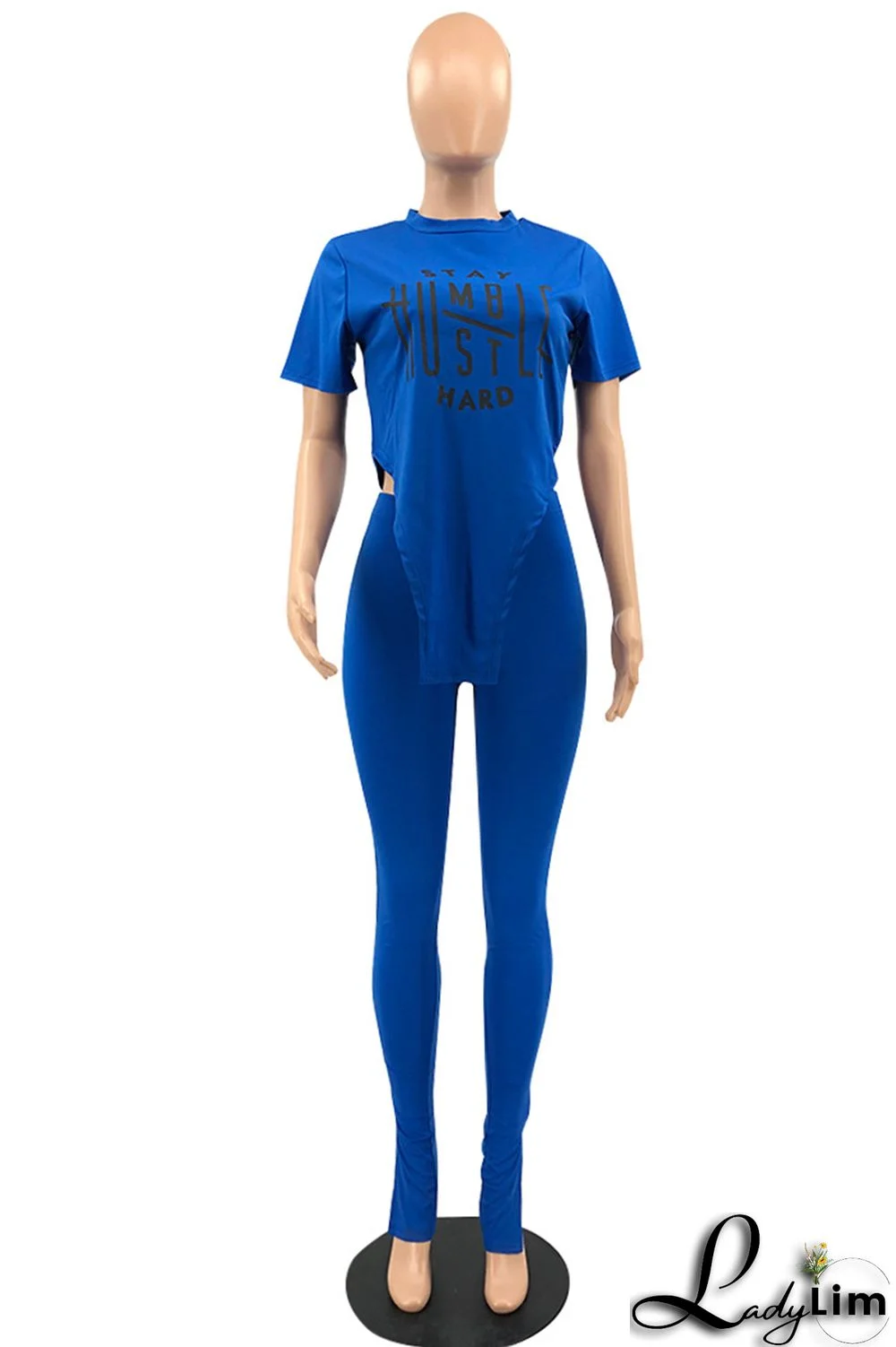 Pink Fashion Casual Print Slit Asymmetrical O Neck Short Sleeve Two Pieces