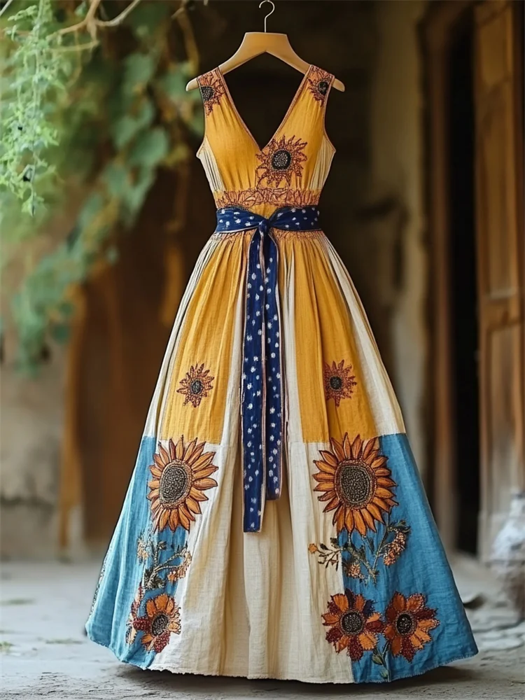 Boho Sunflowers Ukraine Colorblock Linen Maxi Dress