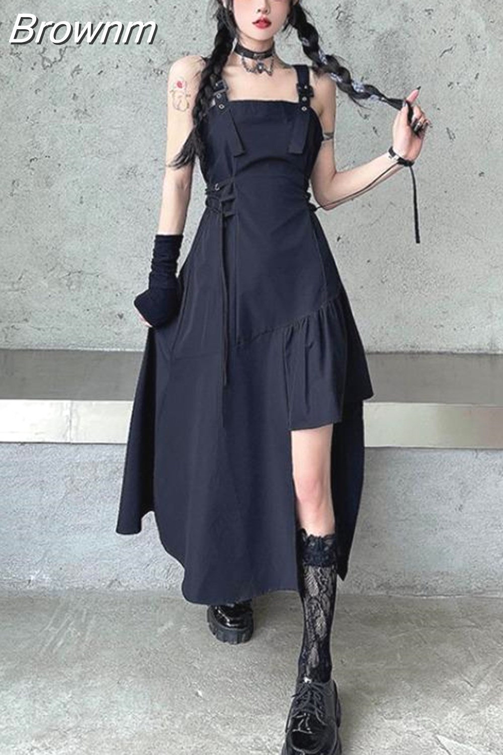 Brownm Goth Black Slip Dress Y2k Streetwear Women Vintage Techwear ...