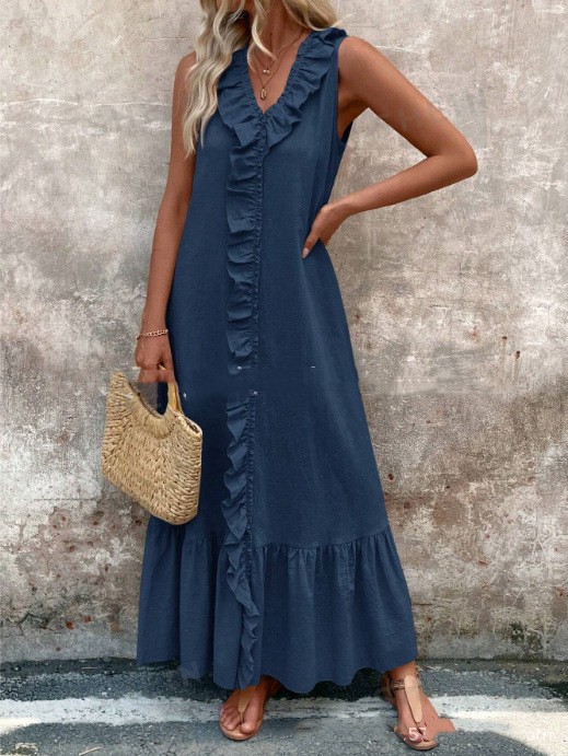 Mature Women Casual Summer Solid Color Sleeveless Cotton Linen V-neck Swing Dress
