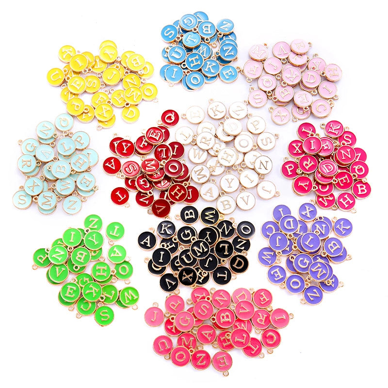 12 Color Round Drop Oil English Letter Alloy Pendant DIY Jewelry Accessories W85